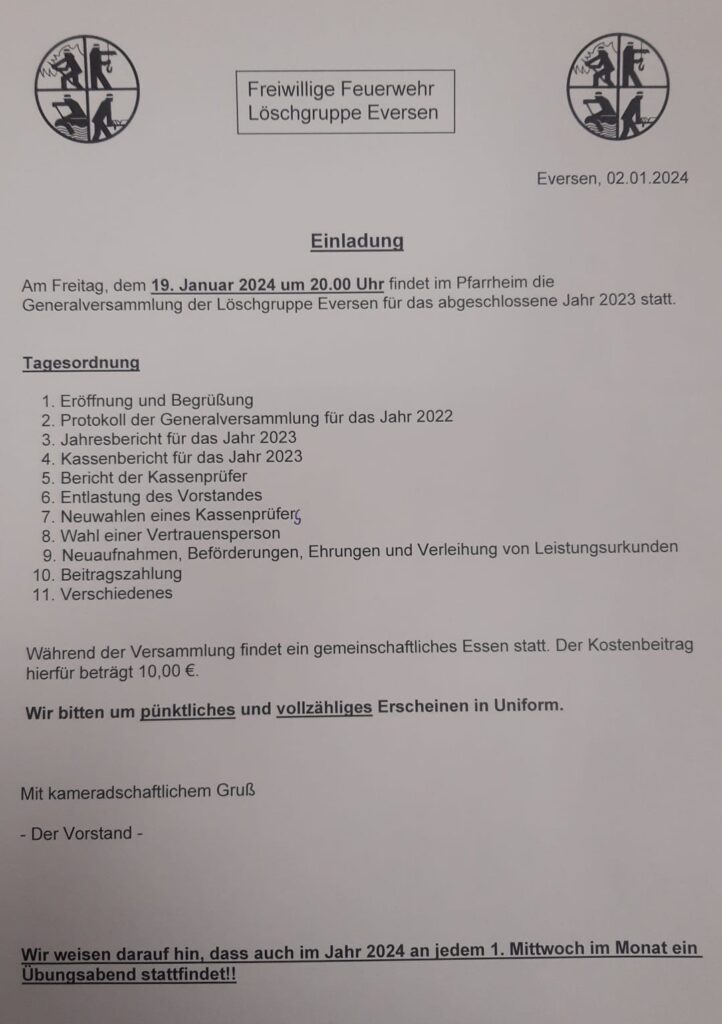 Einladung Feuerwehr Generalversammlung 19.1.2024